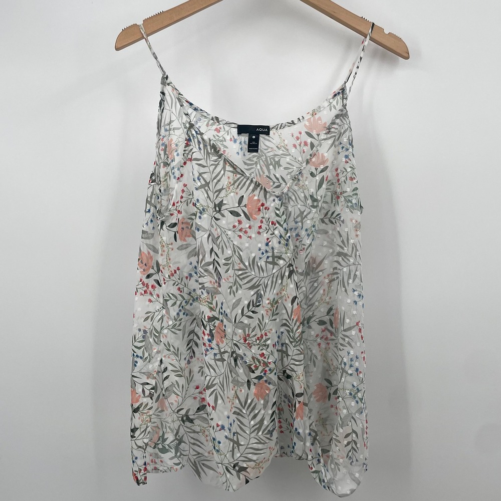 AQUA by Bloomingdales‎ Floral Camisole Tank Top White Peach Greenery Large